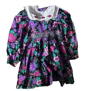 Girls Vintage Polly Flinders Pink And Purple Floral Smocked Dress Size 5